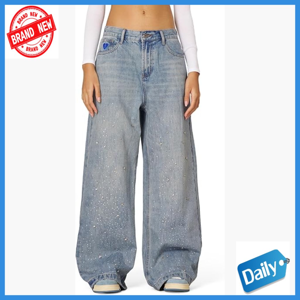 Oversized High Waist Wide Leg Jeans With Rhinestone Details